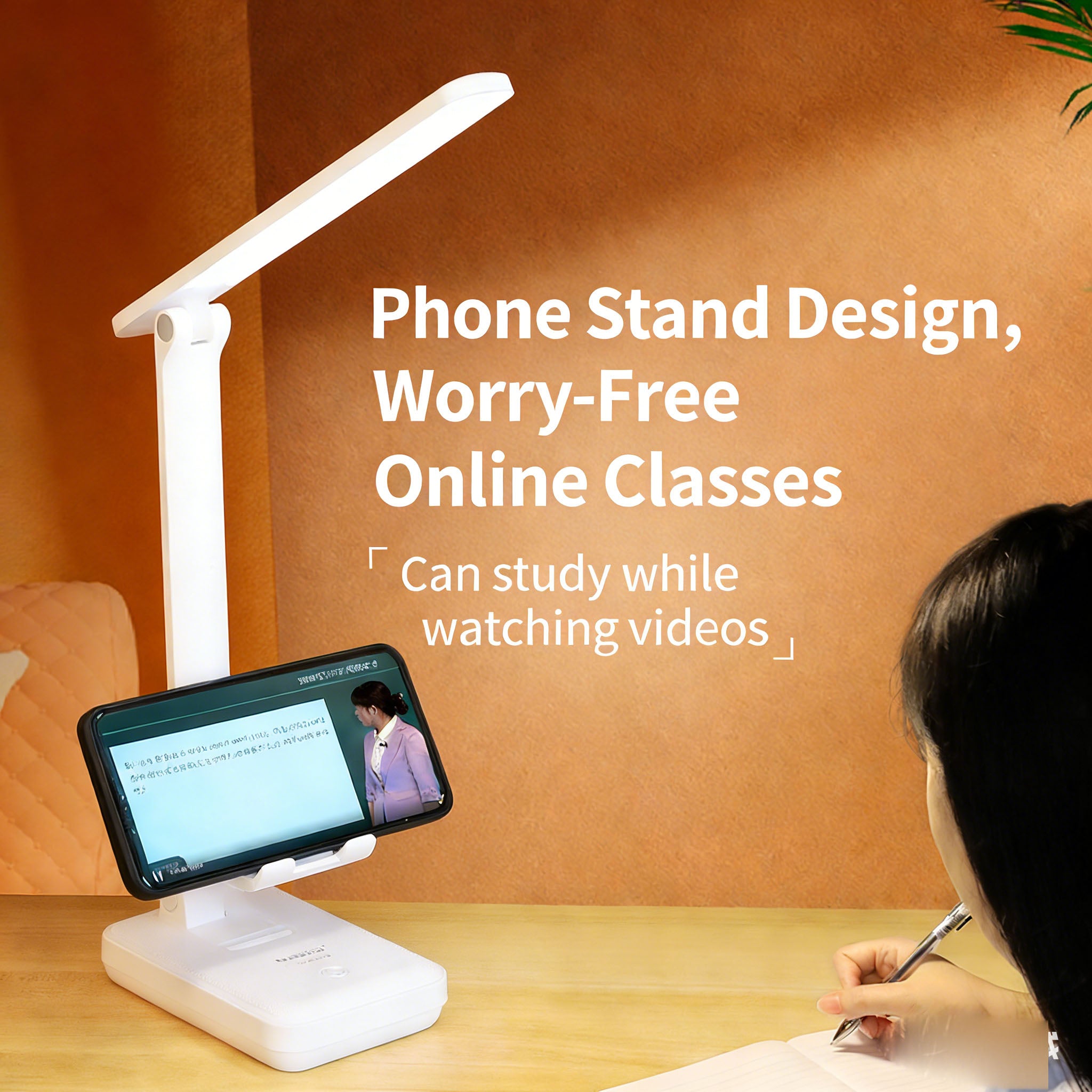Calelin LED Desk Lamp with Phone Stand, 3-Level Dimmable & 3 Color Temperatures, Foldable Eye-Caring Table Light for Home Office Study, Rechargeable/Plug-in (Model WD-6082G)
