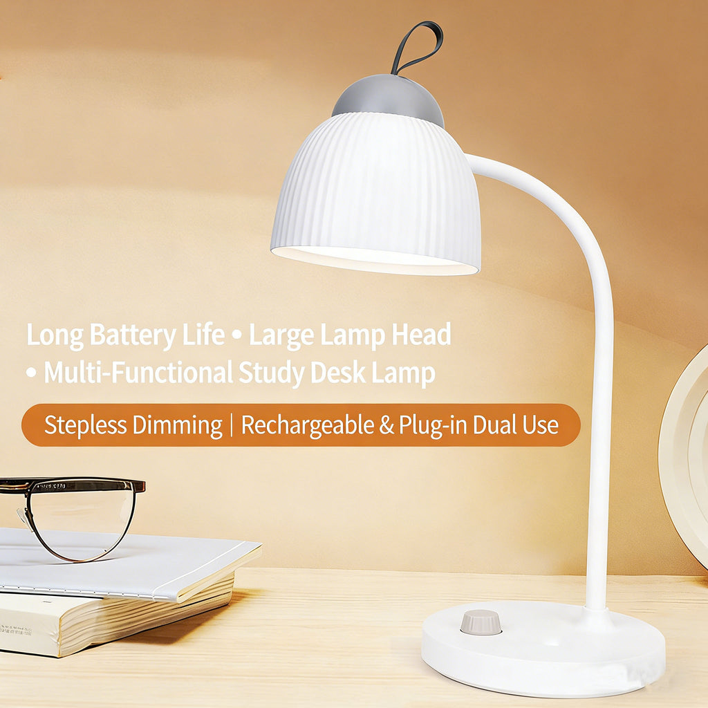Calelin LED Desk Lamp - 48 LED Beads, Stepless Dimming, 2400mAh Rechargeable & Plug-in, 360° Flexible Gooseneck, Portable Hook for Home/Office/Study