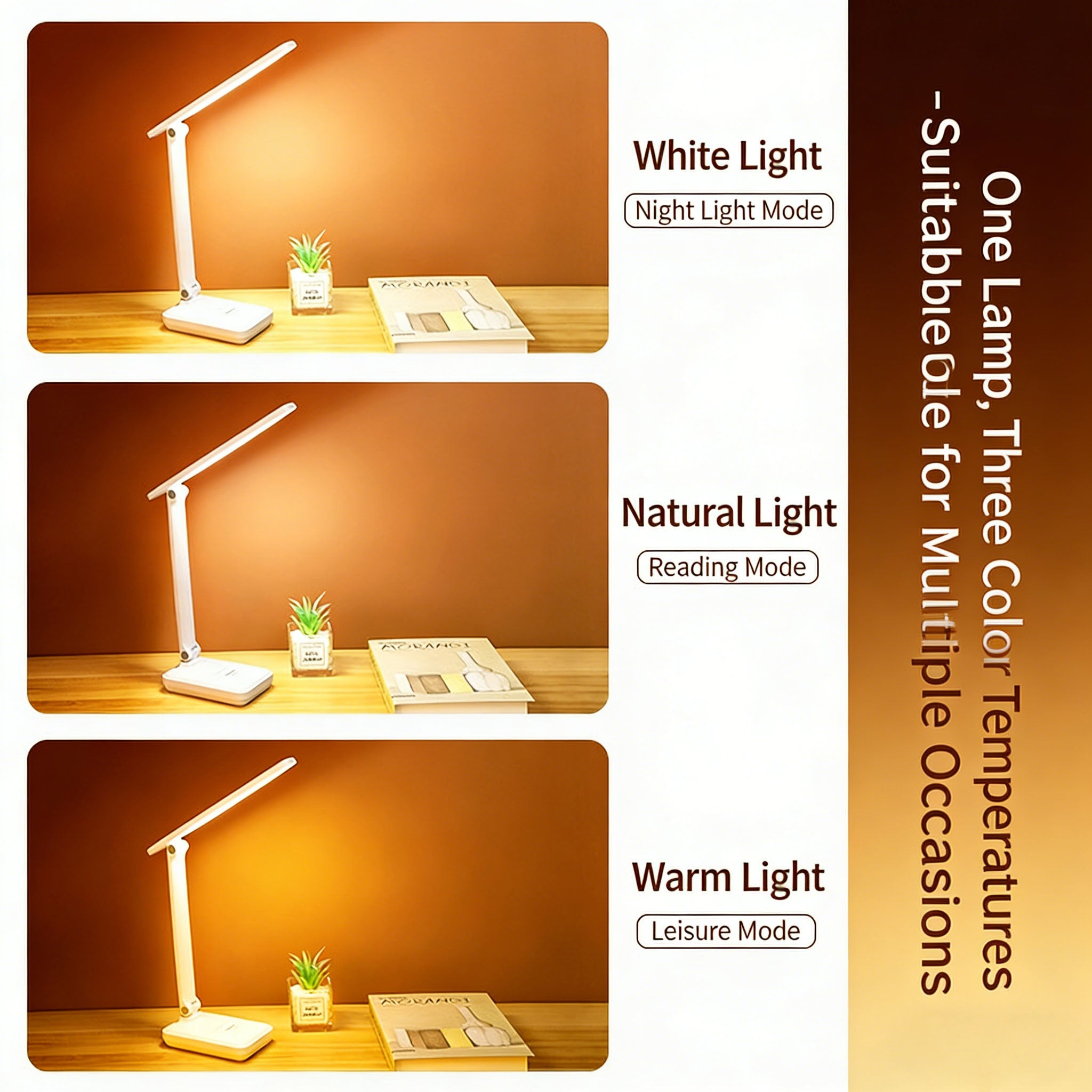 Calelin LED Desk Lamp with Phone Stand, 3-Level Dimmable & 3 Color Temperatures, Foldable Eye-Caring Table Light for Home Office Study, Rechargeable/Plug-in (Model WD-6082G)