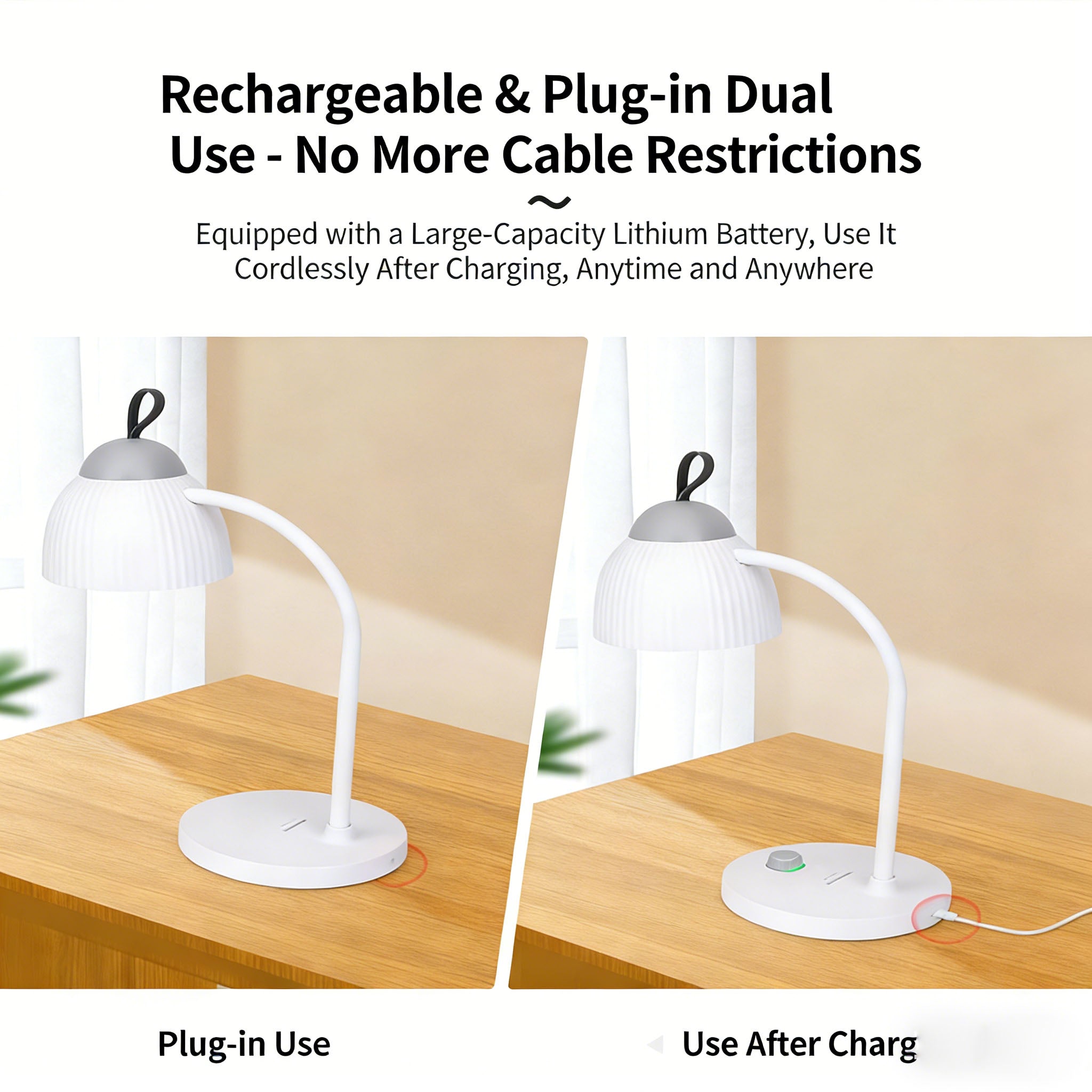 Calelin LED Desk Lamp - 48 LED Beads, Stepless Dimming, 2400mAh Rechargeable & Plug-in, 360° Flexible Gooseneck, Portable Hook for Home/Office/Study