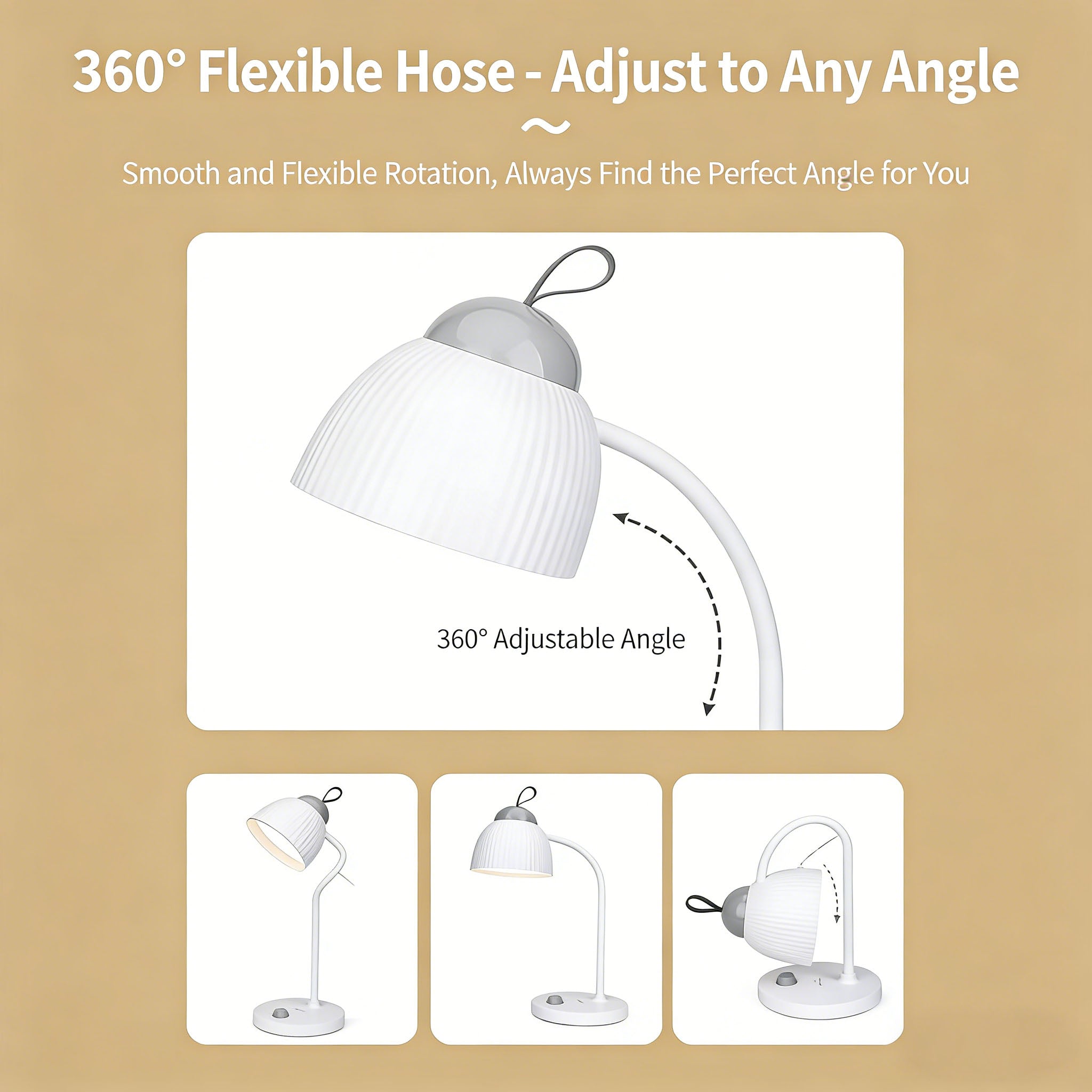 Calelin LED Desk Lamp - 48 LED Beads, Stepless Dimming, 2400mAh Rechargeable & Plug-in, 360° Flexible Gooseneck, Portable Hook for Home/Office/Study