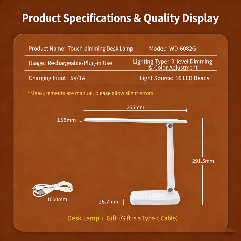 Calelin LED Desk Lamp with Phone Stand, 3-Level Dimmable & 3 Color Temperatures, Foldable Eye-Caring Table Light for Home Office Study, Rechargeable/Plug-in (Model WD-6082G)