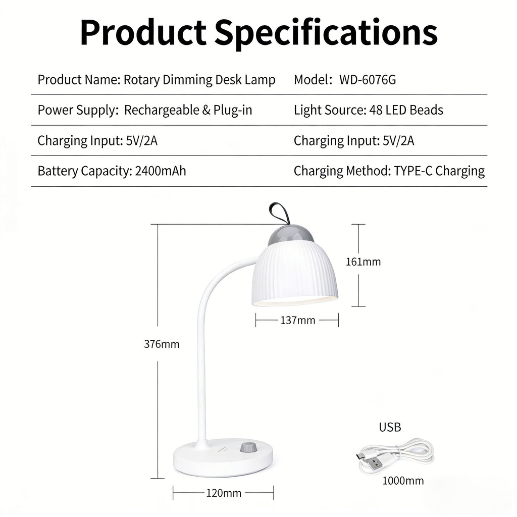 Calelin LED Desk Lamp - 48 LED Beads, Stepless Dimming, 2400mAh Rechargeable & Plug-in, 360° Flexible Gooseneck, Portable Hook for Home/Office/Study