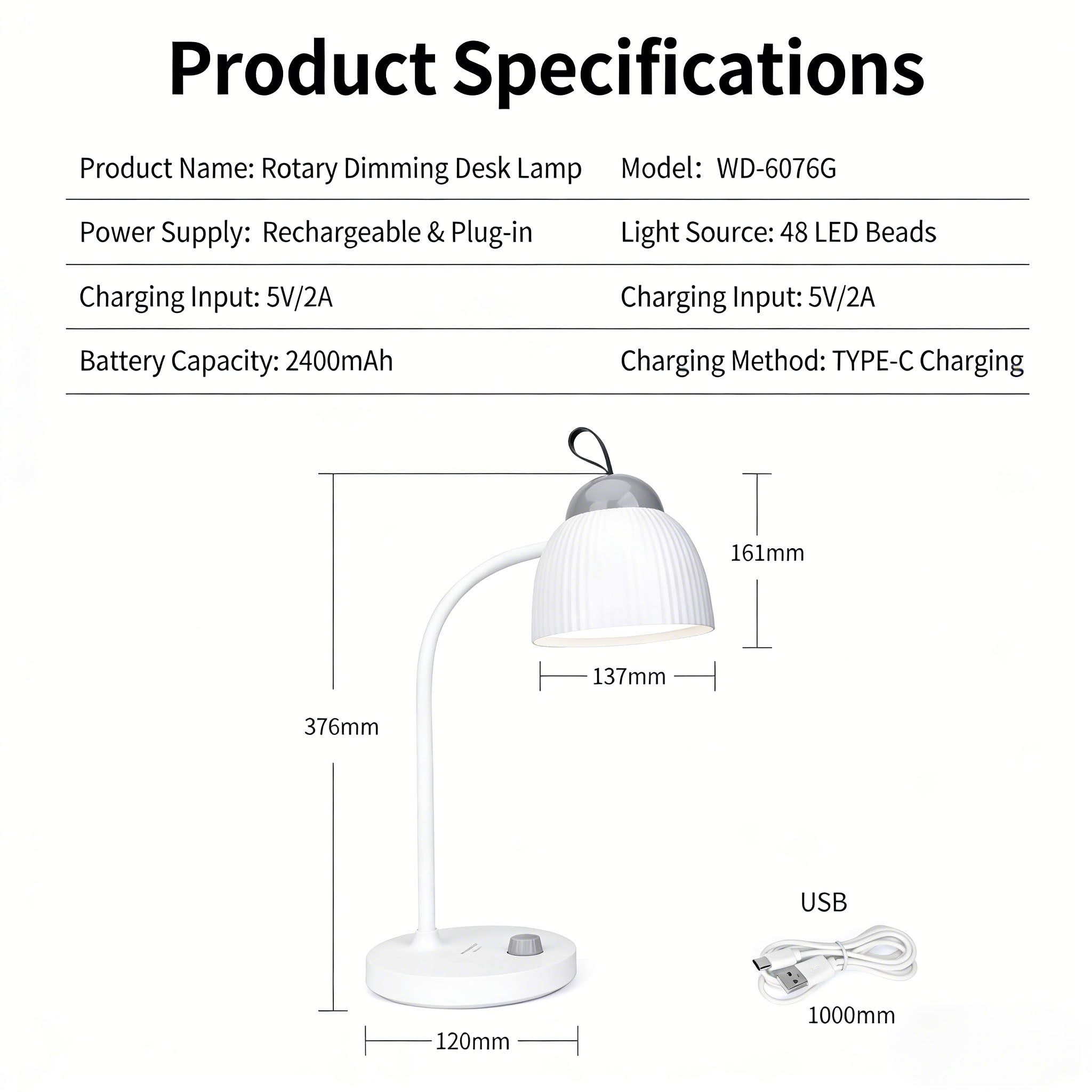 Calelin LED Desk Lamp - 48 LED Beads, Stepless Dimming, 2400mAh Rechargeable & Plug-in, 360° Flexible Gooseneck, Portable Hook for Home/Office/Study