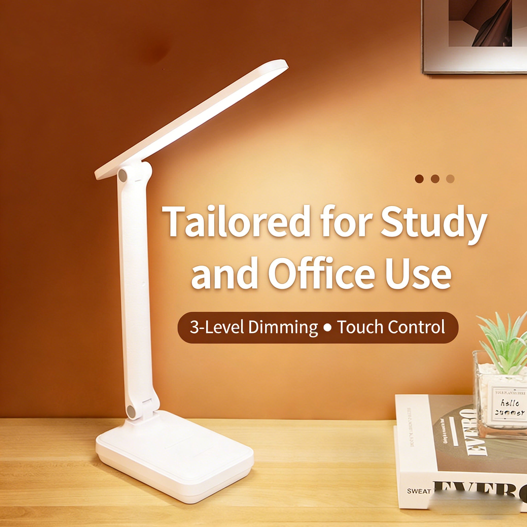 Calelin LED Desk Lamp with Phone Stand, 3-Level Dimmable & 3 Color Temperatures, Foldable Eye-Caring Table Light for Home Office Study, Rechargeable/Plug-in (Model WD-6082G)