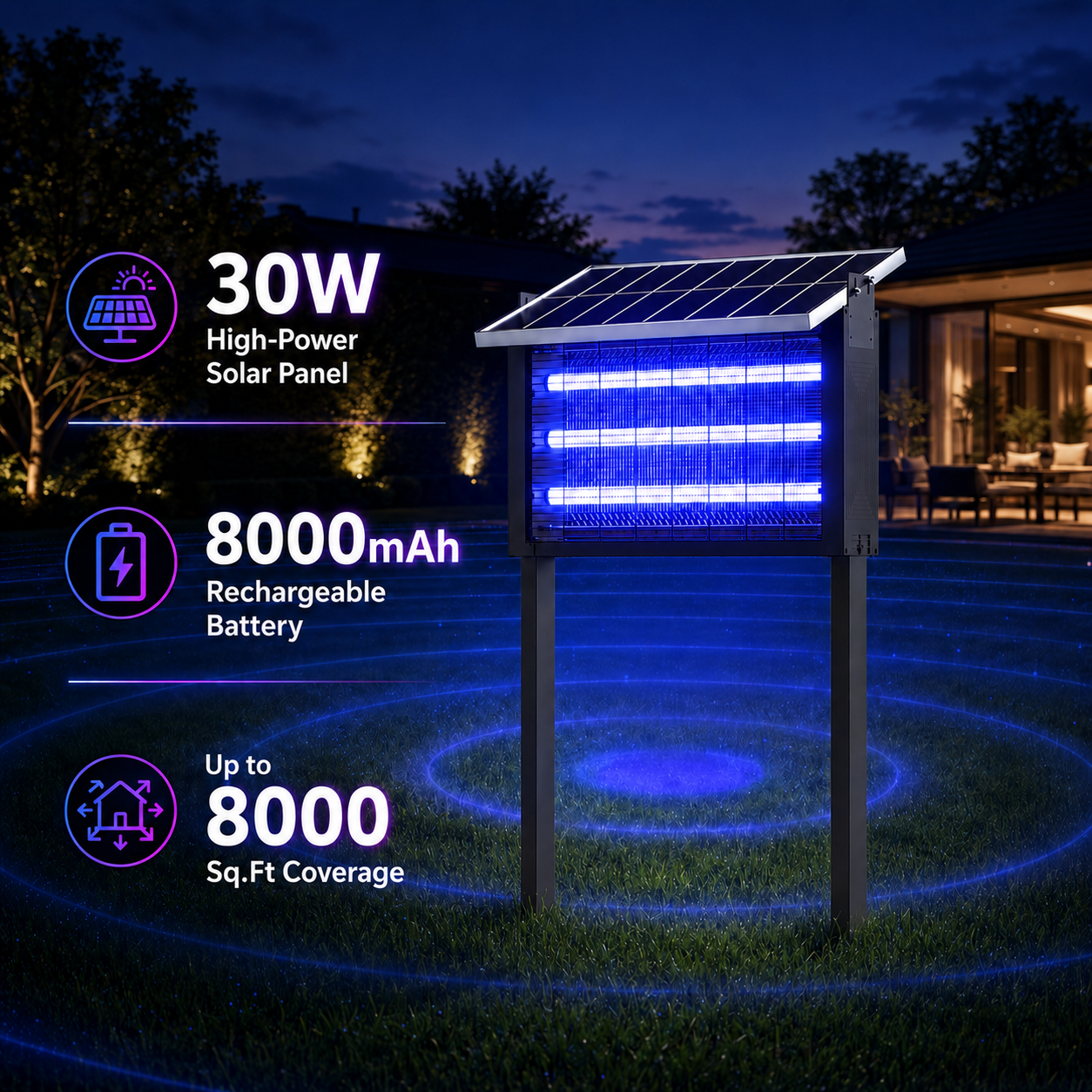 Large Solar Bug Zapper Outdoor for 8000 sq.ft , Rechargeable & Cordless Fly Insect Mosquitos Trap for Patio Yard Home Garden