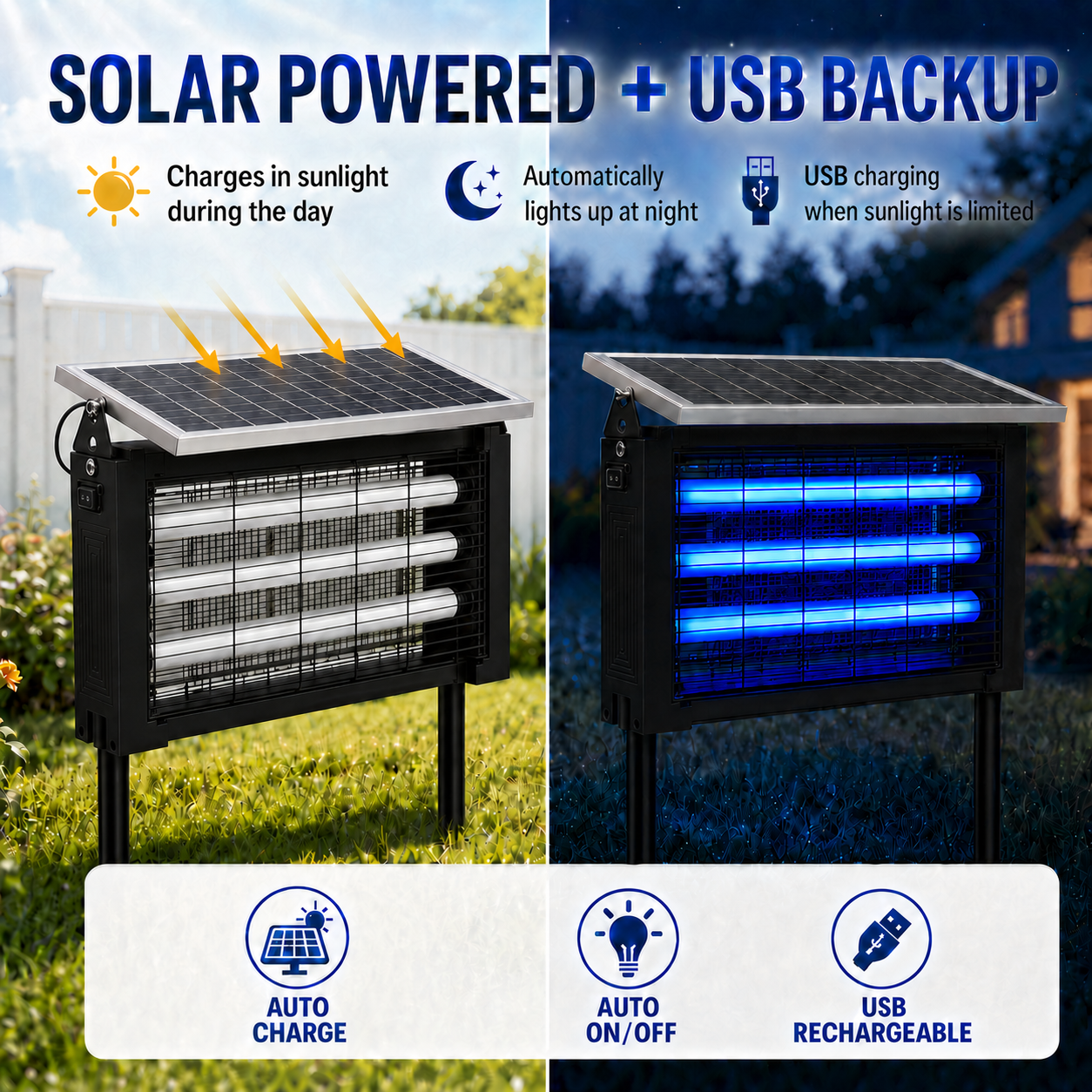 Solar Bug Zapper Outdoor, 13W Solar Powered Mosquito Zapper, USB Rechargeable Fly Insect Trap