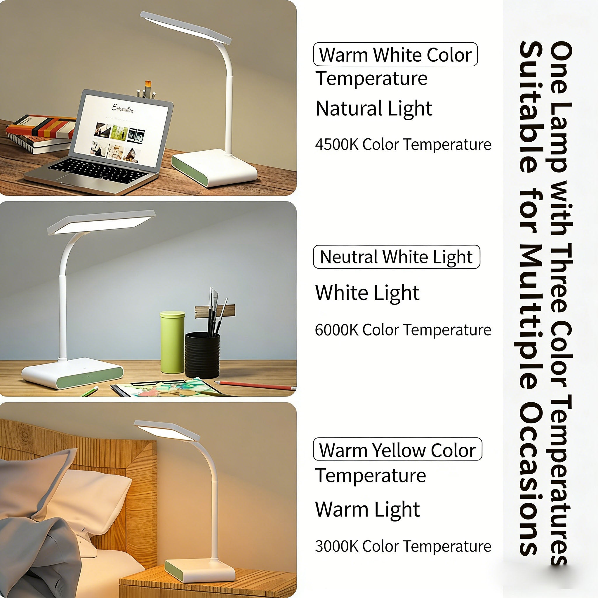 Calelin Stepless Dimming LED Desk Lamp for Reading & Study - 3 Color Temperatures (3000K-6000K), Rechargeable & Plug-in, Eye-Caring Soft Light, USB-C Charging, Large Capacity Battery