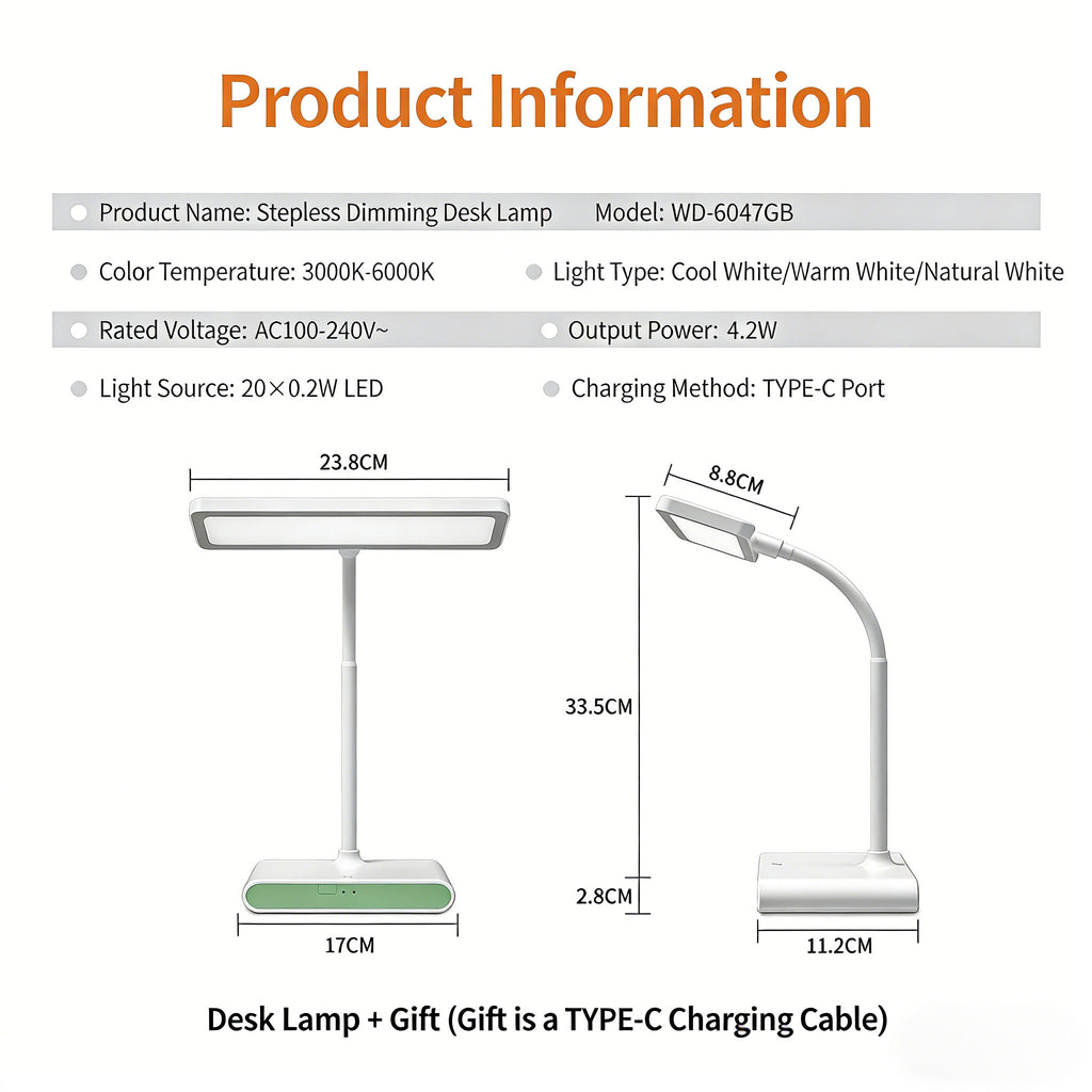 Calelin Stepless Dimming LED Desk Lamp for Reading & Study - 3 Color Temperatures (3000K-6000K), Rechargeable & Plug-in, Eye-Caring Soft Light, USB-C Charging, Large Capacity Battery