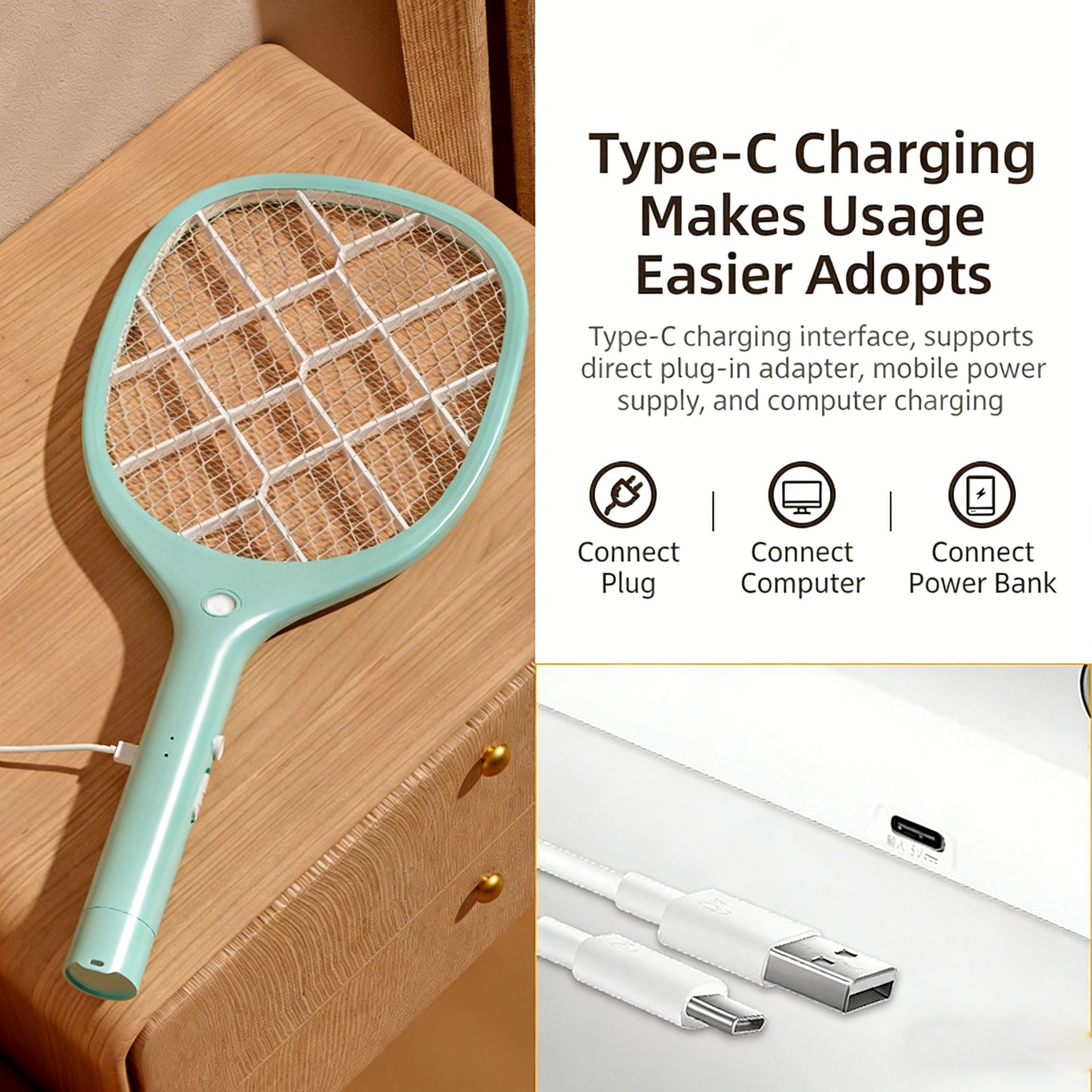 Calelin Electric Fly Swatter, 3000V Bug Zapper Racket with Flame-Retardant Material, Bright LED Light & Type-C Rechargeable, Safe Physical Mosquito Killer for Home Bedroom