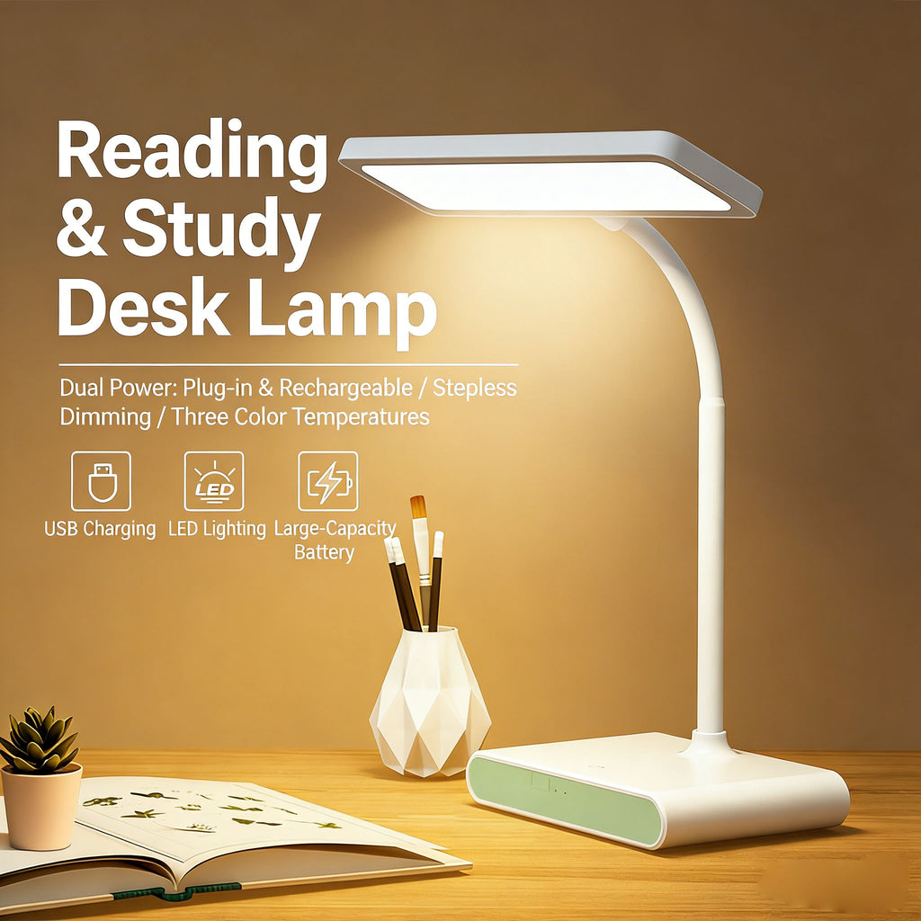 Calelin Stepless Dimming LED Desk Lamp for Reading & Study - 3 Color Temperatures (3000K-6000K), Rechargeable & Plug-in, Eye-Caring Soft Light, USB-C Charging, Large Capacity Battery